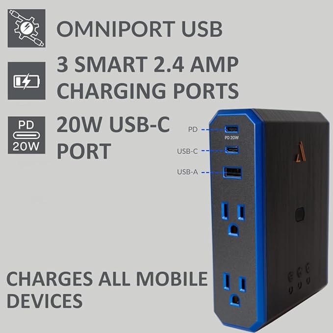 Austere V Series, Wall Power 4 Outlet Surge Protector, 3000 Joules, EMI/RFI Filtering, 1 USB-C 20W Fast Charger, 1 USB-C 2.4 amps, 1 USB-A 2.4 amps, Overcurrent Protection, 5 Year Component Guarantee