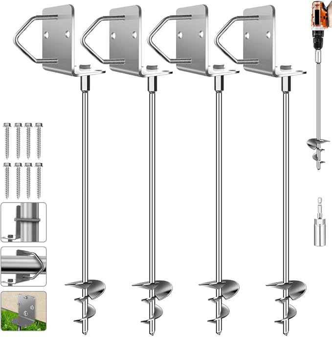 Ground Anchors Shed Anchors 27" Set of 4 Trampoline Stakes Screw in Heavy Duty Mobile Home - Storage Shed Anchor Kit - Playset Swing Anchors - Stakes for Fence,Carport,Garden (Silver, 4 x 27in)