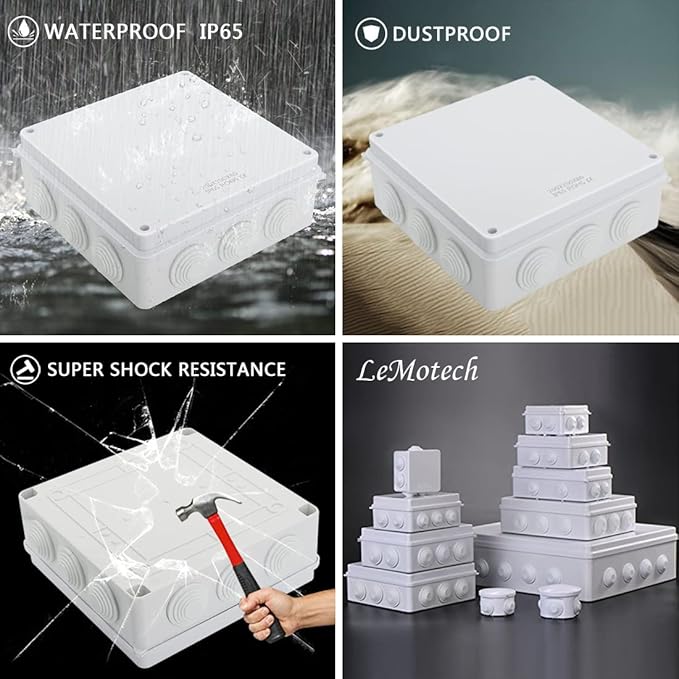 LeMotech ABS Plastic Dustproof Waterproof IP65 Junction Box Universal Electrical Project Enclosure White 7.9 x 7.9 x 3.1 inch (200 x 200 x 80 mm)
