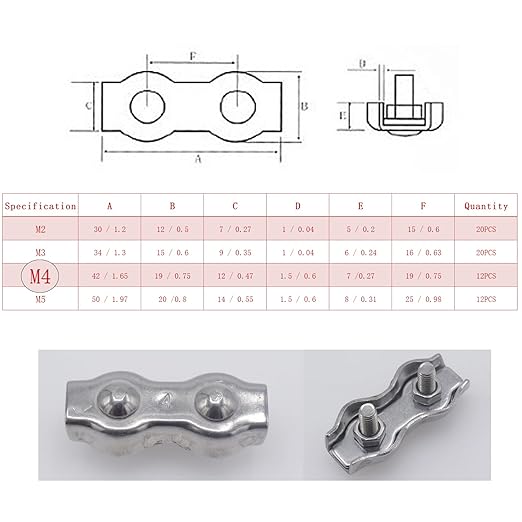 12pcs M4 Stainless Steel Duplex Wire Rope Clip Cable Clamp, Double Bolt Wire Cable Clamps, 2-Post Wire Rope Clip for 1/8 Inch Diameter Wire Cable