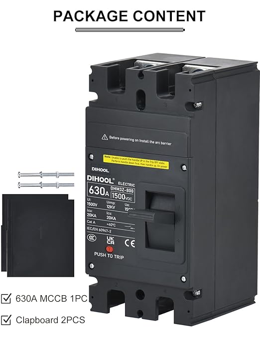 DIHOOL 630 Amp DC Circuit Breaker,2P 1500V 20kA,Heavy Duty Battery Disconnect Switch with Thermal Magnetic Trip for Solar System