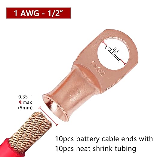 TKDMR 10pcs 1 AWG-1/2 Battery Lugs,Heavy Duty Wire Lugs,Ring Terminals,Battery Cable Ends,0 Guage terminals,Battery Terminal Connectors with 10pcs 3:1 Heat Shrink Tubing