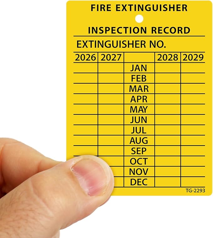 SmartSign 4-Year Yellow Fire Extinguisher Tags Monthly Inspection (10-Pack), 2.25" x 3", 2026 to 2029, Heavy-Duty Polyethylene, Tear Proof, 2+ Year Outdoor Life, Made in USA