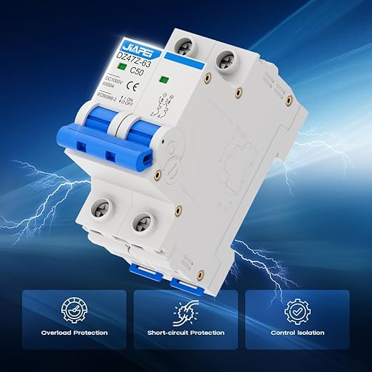 DC Miniature Circuit Breaker, 1000V 2 Pole 50 Amp Isolator for Solar PV System, Thermal Magnetic Trip DIN Rail Mount, C50 DC Disconnect Switch