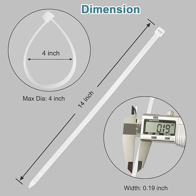 White Zip Ties 14 inch (100 Pack), Clear, 50 lb, UV Resistant Cable Ties for Outdoor Use, LOCKLOCK