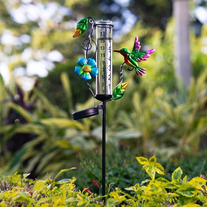 Hummingbird Rain Gauge Outdoor,Decorative Rain Gauges with LED Solar Lights,7” Glass Tube Rain Gauge Freeze Proof for Garden Patio Lawn