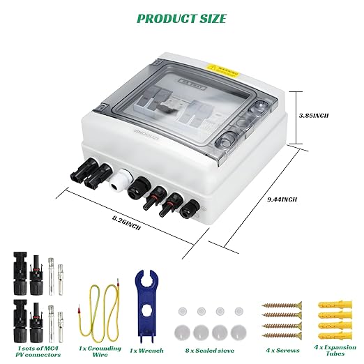 2 in 1 Out Solar Combiner Box,PV Combiner Box with 20A PV Fuse,DC 40A Circuit Breaker and Surge Protector,IP65 Solar Disconnect Switch Box for Indoor Outdoor Solar Panel System (2 in 1 Out 20A 1000V)