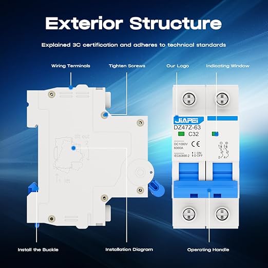 DC Miniature Circuit Breaker, 1000V 2 Pole 32 Amp Isolator for Solar PV System, Thermal Magnetic Trip DIN Rail Mount, C32 DC Disconnect Switch
