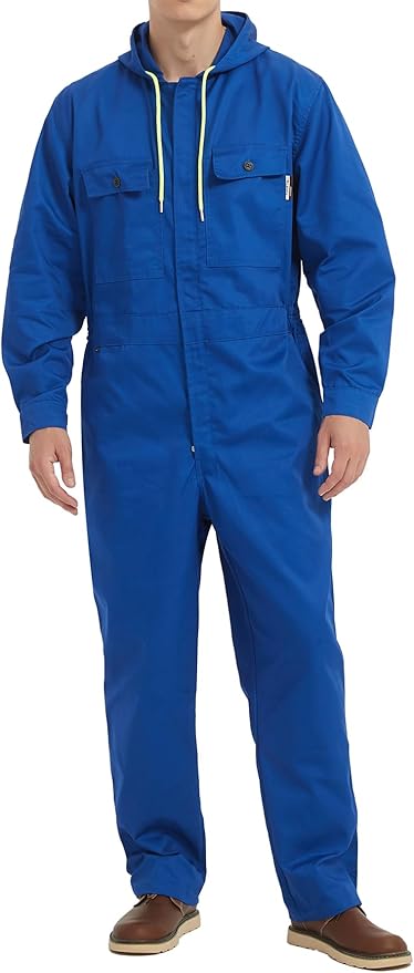 Mens Cotton Blend Long Sleeve Coverall Multi Pockets Zip Overall Mechanic Work Jumpsuit with Hood