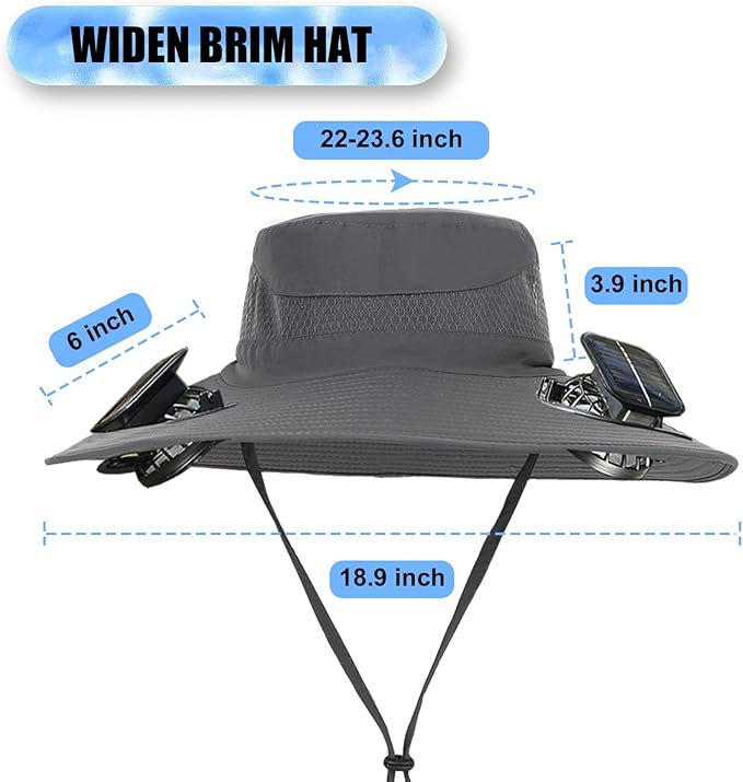 Solar Fan Sun Hat, Widen Brim Outdoor Fishing Men Hat with 2 Fans, Adjsutable 180°Rotating Cooling UPF 50+