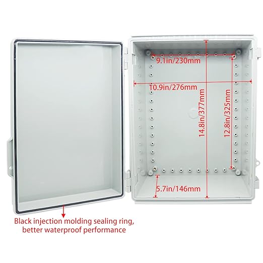 Junction Box, Hinged Cover Stainless Steel Latch IP67 Waterproof ABS Project Box with 2 Cable Glands, Electrical Box Enclosure with Mounting Plate & Wall Bracket 15.7 x 11.8 x 7.1inch