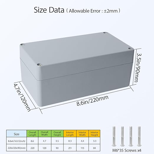 LeMotech Electrical Box, Aluminum Alloy Metal Junction Box, IP67 Waterproof Dustproof Project Box, Outdoor Universal Enclosure, Grey 8.6x4.7x3.5in (220x120x90mm)