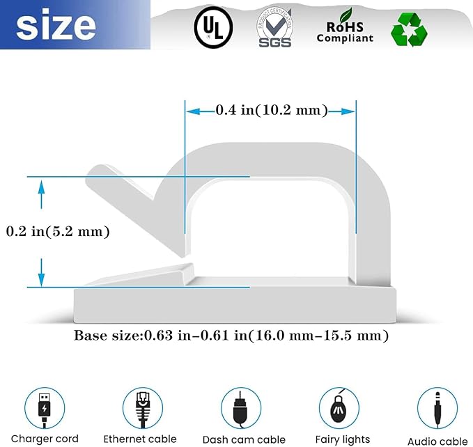 Cable Clips，50PCS Electrical Cord Management Adhesive Cable Wire Clip Wire Clips wall，Used for Cars, Offices, and Homes Cable Clips Cord Organizer (White)