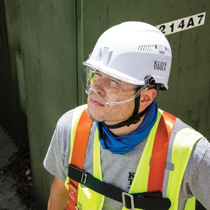 Klein Tools VISORCLR Clear Visor for Hard Hat and Safety Helmet, Low Profile, Impact Rated, Anti Fog, Scratch Resistant, Flip-Up, UV Protection