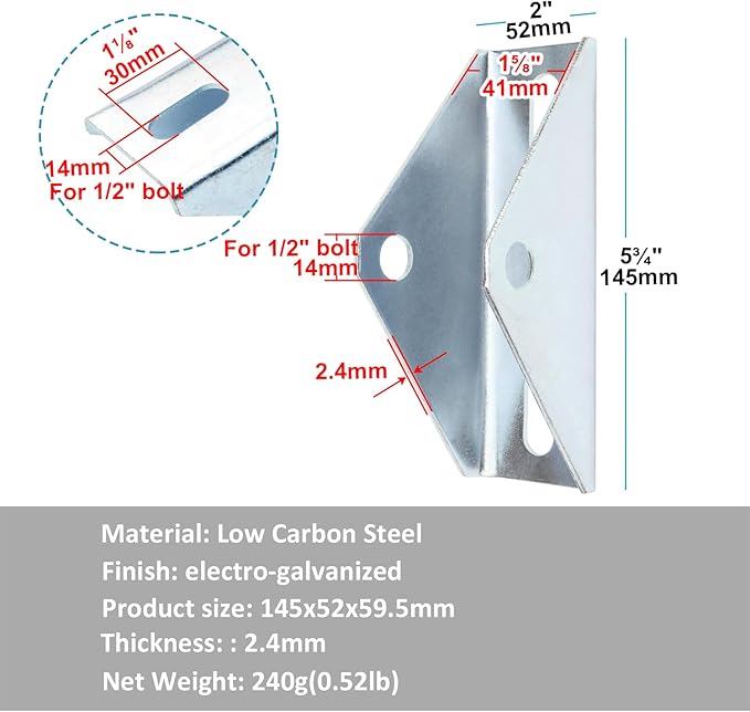 4 Pcs Solar Panel Tilt Mount Bracket for 1-5/8" Strut Channel, Pivot Hinge for Solar Panel Ground Mount Accept 1/2" Bolt