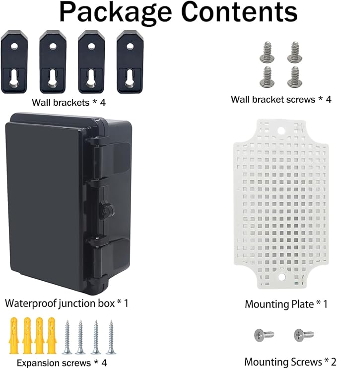 Junction Box, Hinged Black Cover IP67 Waterproof ABS Project Box with Mounting Plate Electrical Box Enclosure with Wall Bracket 5.9 x 3.9 x 2.8inch(150x100x70mm)