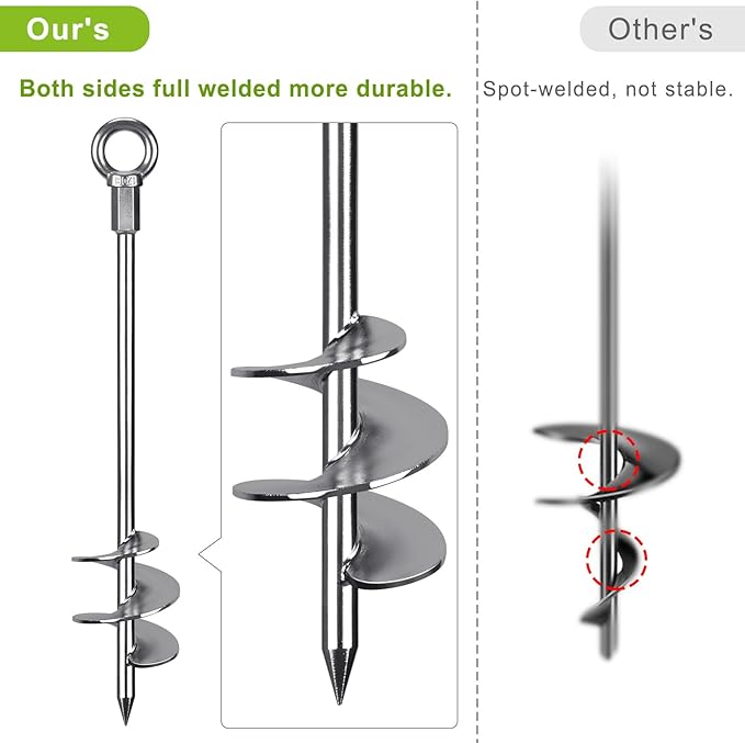 24'' Ground Anchors Screw in Heavy Duty 12mm Solid Steel, 3" Spiral Blade with Smooth Edges, Fully Welded Design for Mobile Home, Shed, Trampoline, Swing Set, Carport, Earth, Tent, 6Pack