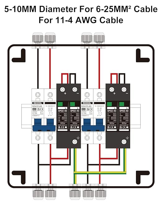 DIHOOL Solar Disconnect Switch with PV Surge Protector IP65 PV Combiner Box, 2 in 2 Out 40 Amp DC500V
