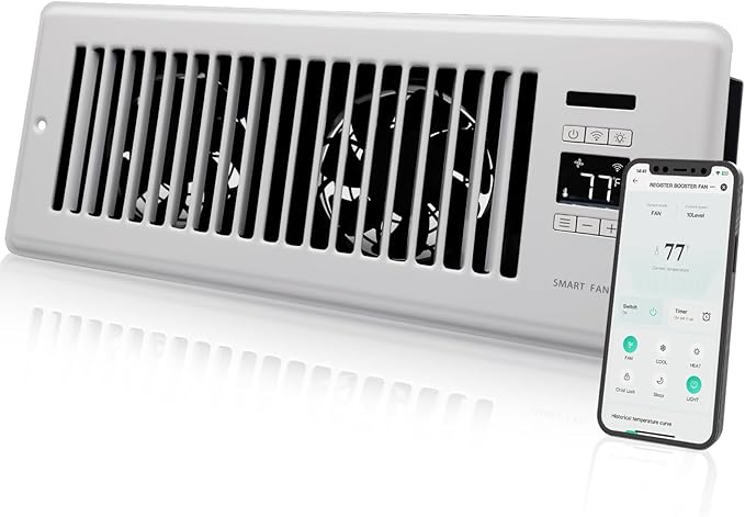 Super Quiet Register Booster Fan for 4" x 12" Register Holes, Smart Vent with Dual Intelligent Thermostat and WIFI App Control, Heating Cooling AC Vent Fan (White)