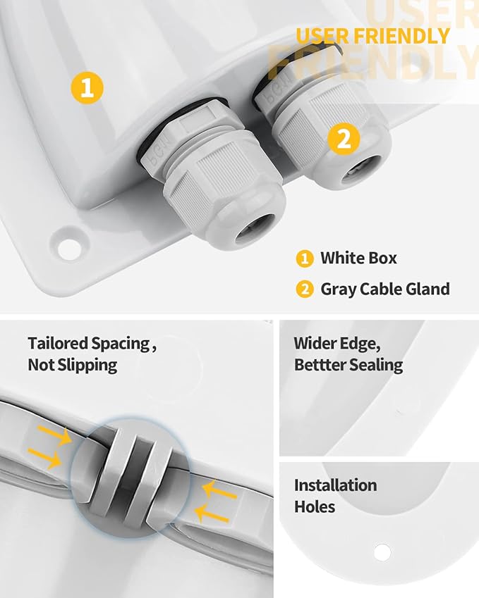 BougeRV White Solar Double Cable Entry Gland Box, RV roof Waterproof ABS Solar Entry housing for RVs, Boats, Yacht, Roofs（White）