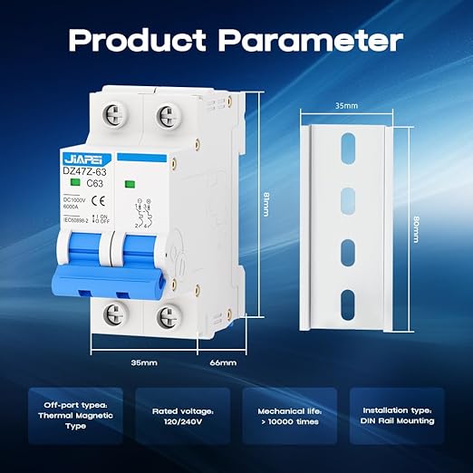 DC Miniature Circuit Breaker, 1000V 2 Pole 63 Amp Isolator for Solar PV System, Thermal Magnetic Trip DIN Rail Mount, C63 DC Disconnect Switch