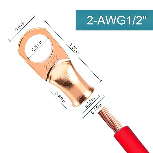 10 PCS Battery Terminal Connectors, Battery Cable Ends Lugs, 2 Gauge Wire Connectors, 2 AWG 1/2" Stud Ring Terminals, Copper Wire Lugs with Heat Shrink Tubing.