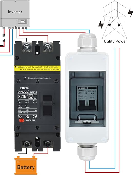 DIHOOL 320 Amp DC Circuit Breaker,2P 1000V 20kA Breaking Capacity Battery Disconnect Switch with Thermal Magnetic Trip for Solar, UPS, Battery