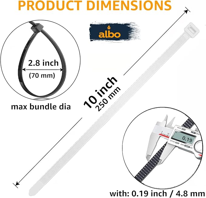 ALBO Zip Ties White 10 Inch 1000 Pack 50 lb, Long Plastic Cable Ties Thick 0.19 Inch Tie Wraps Heavy Duty UV Resistant Nylon Wire Ties for Indoor and Outdoor