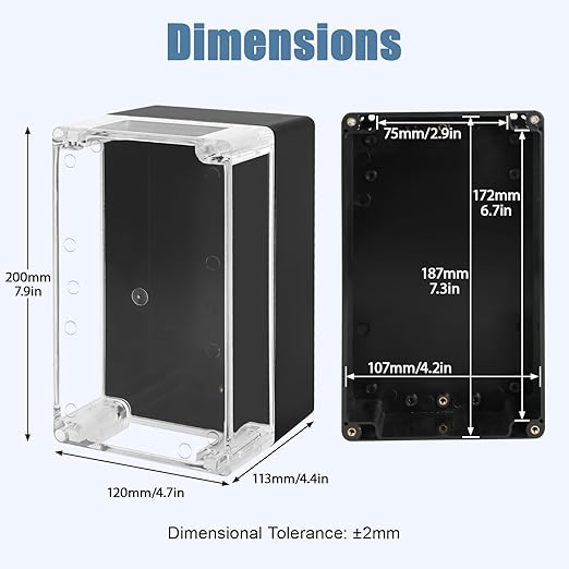 LeMotech Electrical Box Clear Cover Project Box IP65 Waterproof Junction Box ABS Plastic Case Universal Enclosure for Electronics, Black 7.8"x 4.7"x 4.4"(200x120x113mm)(Pack of 1)