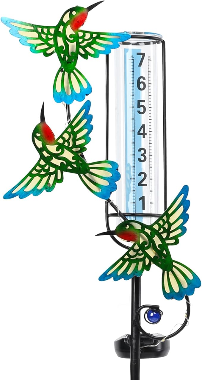 WONDER GARDEN Solar Rain Gauge Outdoor, Hummingbird Decorative Rain Gauges Outdoors Best Rated, Freeze Proof Water Rain Measure Gauge for Yard Patio Lawn Garden Decor