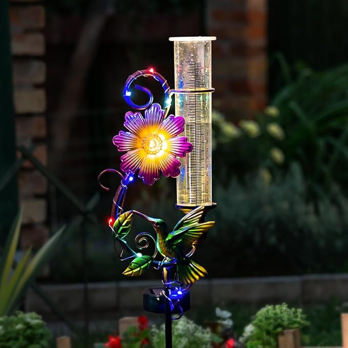 Hummingbird Rain Gauge Outdoor, Solar Rain Gauge, Metal Rain Measure Gauge with 7 Inch Tube, Decorative Color Lights Rainfall Measurement for Yard