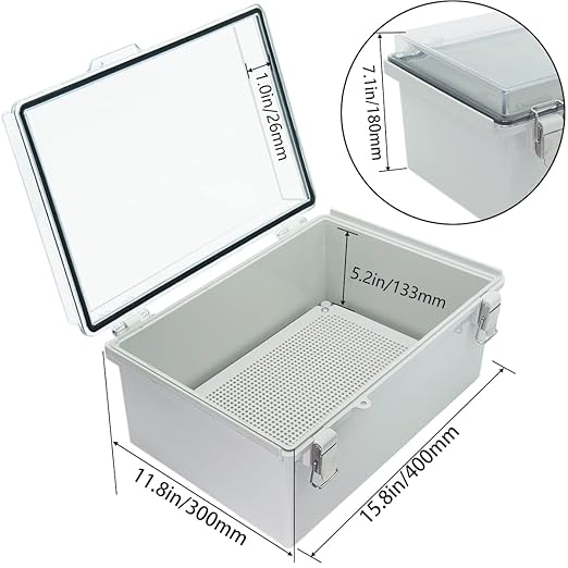 Junction Box, Hinged Clear Cover Stainless Steel Latch IP67 Waterproof ABS Project Box with 2 Cable Glands,Electrical Box Enclosure with Mounting Plate & Wall Bracket 15.7x11.8x7.1inch
