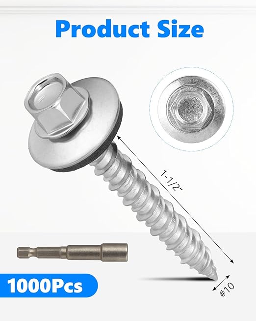 Metal Roofing Screws#10 × 1-1/2 Inch, 1000Pcs Zinc Plated Hex Head Metal Roof Screws with Rubber Washers for Corrugated Roofing Panels (Hex Socket Included)