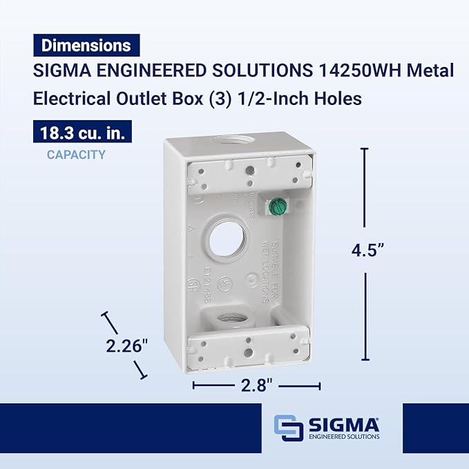 SIGMA ENGINEERED SOLUTIONS 14250WH Metal Electrical Outlet Box, Weatherproof, Easy Mount Plug and Receptacle Protector, White, (3) 1/2-Inch Holes, 1 Gang Box