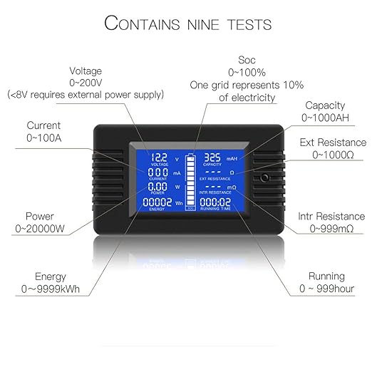 DC Multifunction Battery Monitor Meter,0-200V,0-100A (Widely Applied to 12V/24V/48V RV/Car Battery) LCD Display Digital Current Voltage Solar Power Meter Multimeter Ammeter Voltmeter