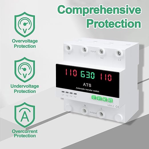 63A 110V Automatic/Manual Transfer Switch, L1 Priority Phase Selector, LED Display, Din Rail Mount, 50/60Hz, CE Certified ATS for Generator, Inverter, Public Power