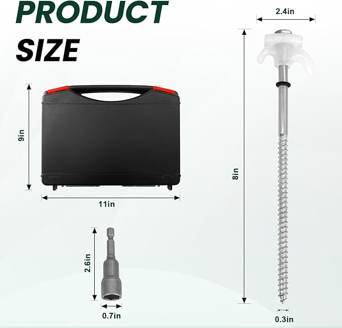 12-Pack 8 Inch Screw Tent Stakes with Glow-in-The-Dark Hex Driver & Storage Case - Heavy Duty Coil Ground Anchors for Camping, Beach, Sand, Snow - Reflective Tent Pegs for All Terrain Tents