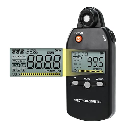 PAR Meter 320-800 nm PPFD Meter Measures PPFD, UVA, and IR Light Intensity, PAR Meter for LED Grow Lights, Quantum PAR Meter Features Data Storage, Hold/MAX/MIN/AVG, Wavelength Switching Modes