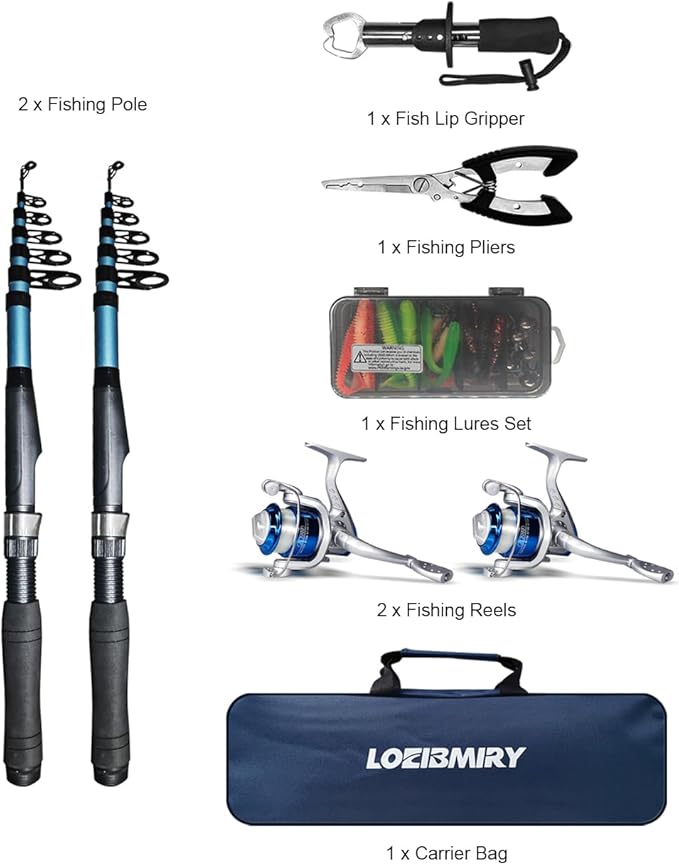Telescopic Fishing Rod Reel Kit 2PCS 6.89FT Collapsible Pole Spinning Reel Combo with Fishing Lures Fishing Gripper Fishing Pliers Portable Fishing Gear Set for Saltwater Freshwater Travel