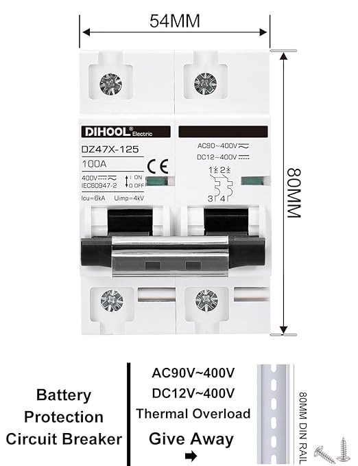 DIHOOL Solar Disconnect Switch, 100 Amp 2 Pole, DIN Rail Mount, Non Polarized, 12V 24V 48V 400V, AC/DC Circuit Breaker, RV Battery Isolator, PV Array MCB, Thermal Magnetic Trip