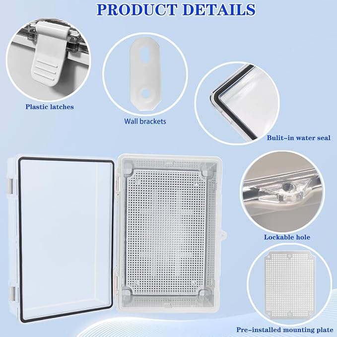Waterproof Outdoor Electrical Box Junction Box Weatherproof IP67 ABS Plastic Enclosure Switch Router Project Box with Mounting Plate with Wall Bracket 2 Cable Glands Clear 11.4"x7.5"x5.5"
