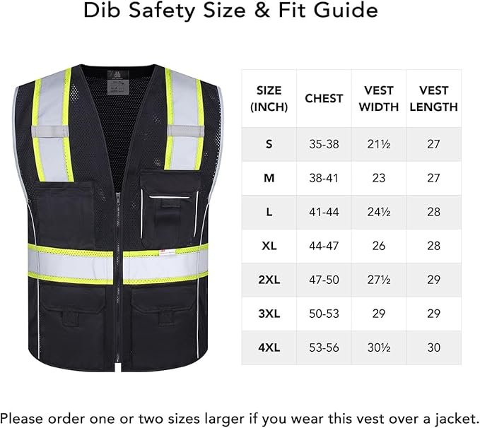 Dib Safety Reflective Vest Black Mesh, High Visibility Vest with Pockets and Zipper, Heavy Duty, Made with 3M Reflective Tape, XL