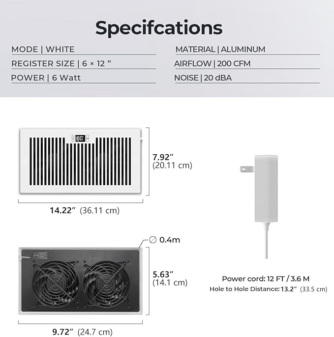 Quiet Register Booster Fan Fits 6" x 12" Register Holes, 10-Speed Smart Heating Cooling AC Vent Fan with Remote Control and Thermostat Control - White