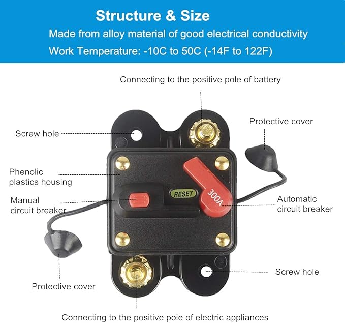 300Amp Circuit Breaker Manual Reset Fuse holder, 30A-300A 12V-24V DC Protection Reset Fuse for Trolling Motor Auto Car Marine Boat Stereo Audio Inline Fuse Inverter (300A)