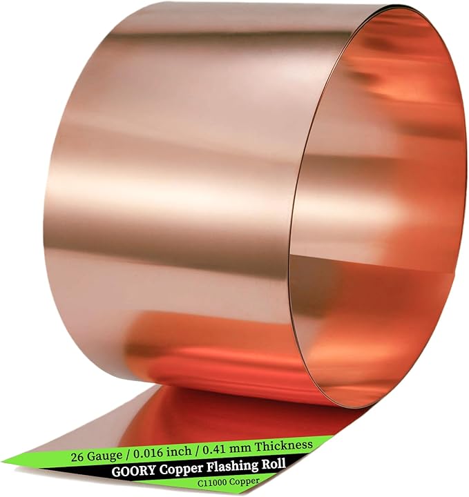 GOORY Copper Flashing 26 Gauge - 8in x 10ft 0.016"(0.41mm) Thickness Roof Flashing Roll - 99.95+% Pure Copper Sheet Metal ASTM B152 - Roofing Repair DIY Project Contractor Jewelry Crafts