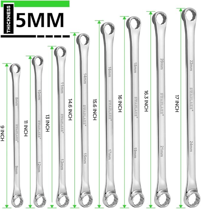 SWANLAKE GARDEN TOOLS 8-Piece Extra Long Double Box-End Wrench Set, Premium 12-Point Metric 8–24 mm, CR-V Steel, 15° Offset, Off-Corner Loading, with Tool Roll Bag