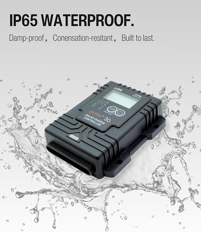 Solar Charge Controller Waterproof,30A Solar Panel Regulator with Temp Sensor,Backlit LCD, 12V/24V PWM Solar Controller for LiFePO4,AGM, Gel, Flooded and Lithium Battery