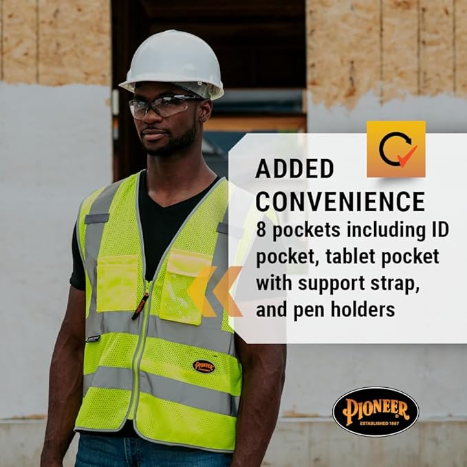 Pioneer Hi Vis Safety Vest for Men & Women - Reflective Cooling Mesh - 8 Pockets - Class 2 - Construction, Traffic, Security
