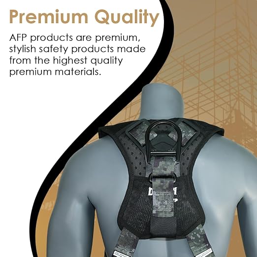 AFP Digital Camouflage Universal Fall Protection Ergonomic Comfort Safety Harness, Soft Pressure-Relieving Perforated Breathable Padded Foam Shoulder, 3 D-Rings, Tongue Buckle, Mating Buckle