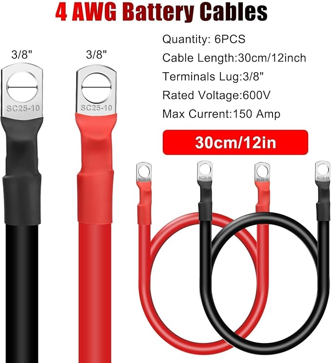 Linkstyle 6 PCS 4 AWG Battery Cables 12 Inch, 30CM Heavy Duty Marine Battery Power Inverter Copper Wire Set, with 3/8" Tinned Copper Lugs, for 12v-48V Automotive Solar, ATV, RV